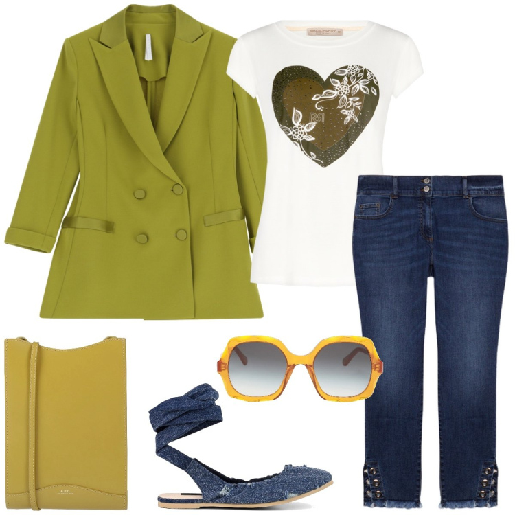Outfit donna - Total look #2092161. Stile Casual per Tutti i giorni. Abbinamento con borse a tracolla, occhiali da sole, t-shirt, blazer, ballerine, jeans skinny.