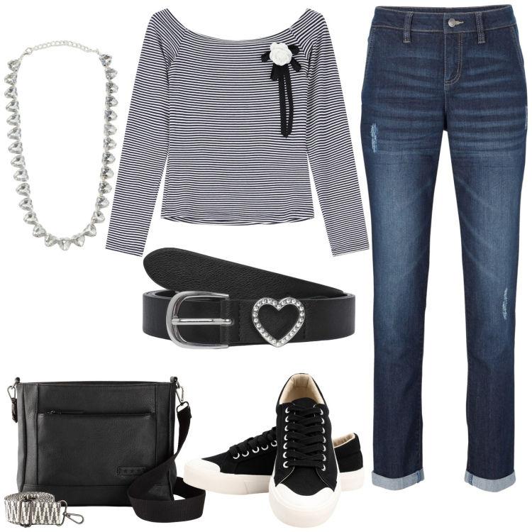 Outfit donna - T-shirt a righe. Stile Casual per Tutti i giorni. Abbinamento con jeans boyfriend, borse a tracolla, collane, cinture, pullovers, sneakers.