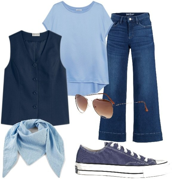 Outfit donna - Aspettando la primavera. Stile Trendy per Tutti i giorni. Abbinamento con jeans a zampa, occhiali da sole, gilet, foulard, sneakers, bluse.
