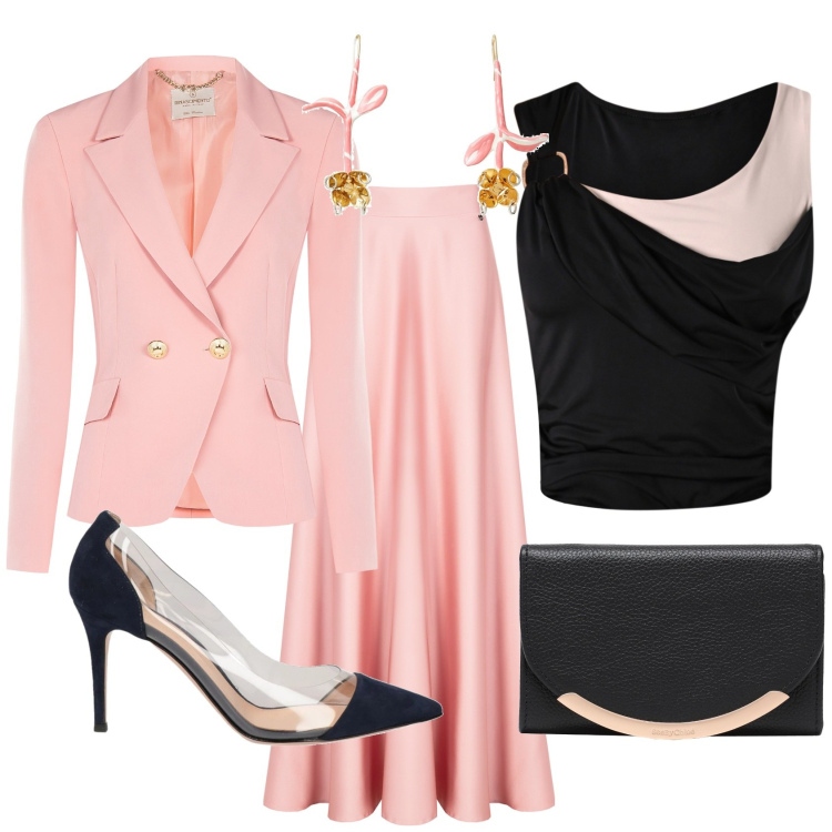 Outfit donna - Richiami. Stile Chic per Cerimonia. Abbinamento con décolleté, portafogli, orecchini, top, gonne, blazer.