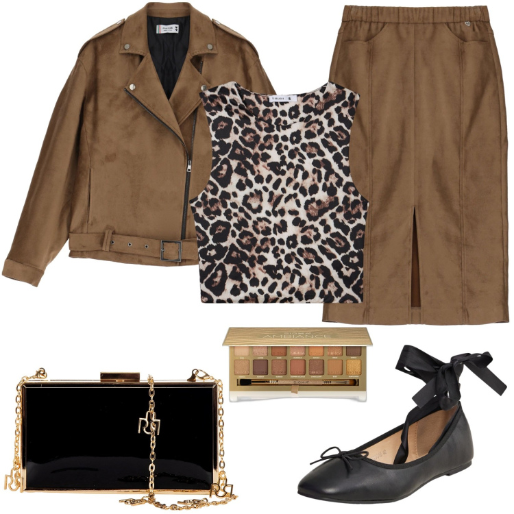 Outfit donna - Glamour con le ballerine. Stile Glamour per Serata fuori. Abbinamento con ombretti, top, ballerine, pochette, blazer, gonne longuette.