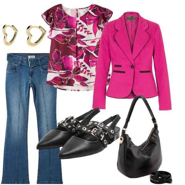 Outfit donna - Aspettando la primavera. Stile Trendy per Tutti i giorni. Abbinamento con blazer, bluse, jeans a zampa, sabot, orecchini, borse a tracolla.