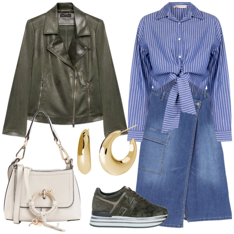 Outfit donna - Total look #2092178. Stile Casual per Tutti i giorni. Abbinamento con sneakers, borse a tracolla, orecchini, camicie, gonne longuette, blazer.