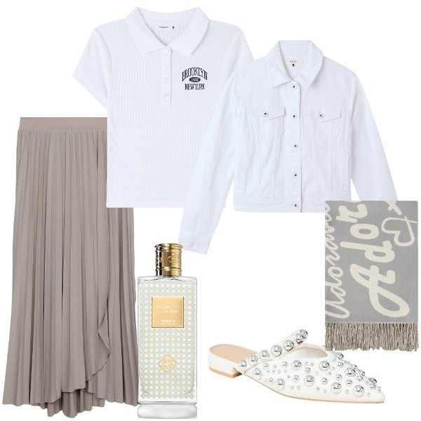 Outfit donna - Aspettando la primavera. Stile Trendy per Tutti i giorni. Abbinamento con profumi, gonne lunghe, ballerine, polo, blazer, sciarpe.