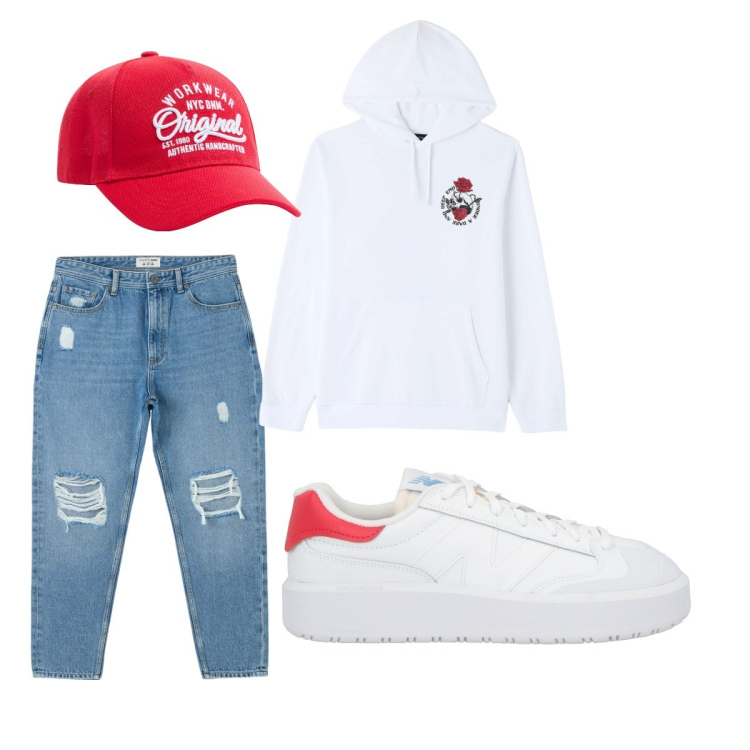 Outfit uomo - Total look #2092188. Stile Casual per Tutti i giorni. Abbinamento con sneakers, jeans strappati, cappelli, felpe con cappuccio.
