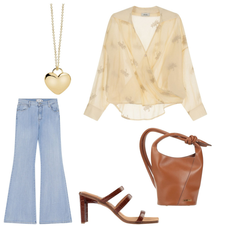Outfit donna - Incontro con la primavera. Stile Casual chic per Tutti i giorni. Abbinamento con borse a secchiello, sandali in pelle, collane, jeans a zampa, bluse.