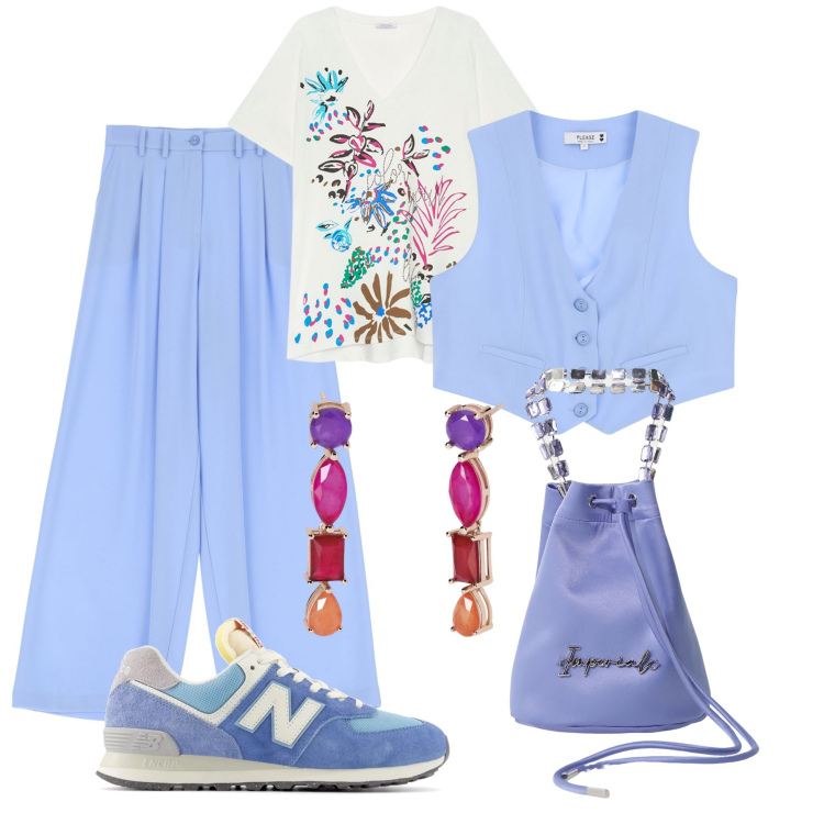 Outfit donna - City casual chic. Stile Casual chic per Tutti i giorni. Abbinamento con orecchini, sneakers, pantaloni, gilet, borse a secchiello, t-shirt.