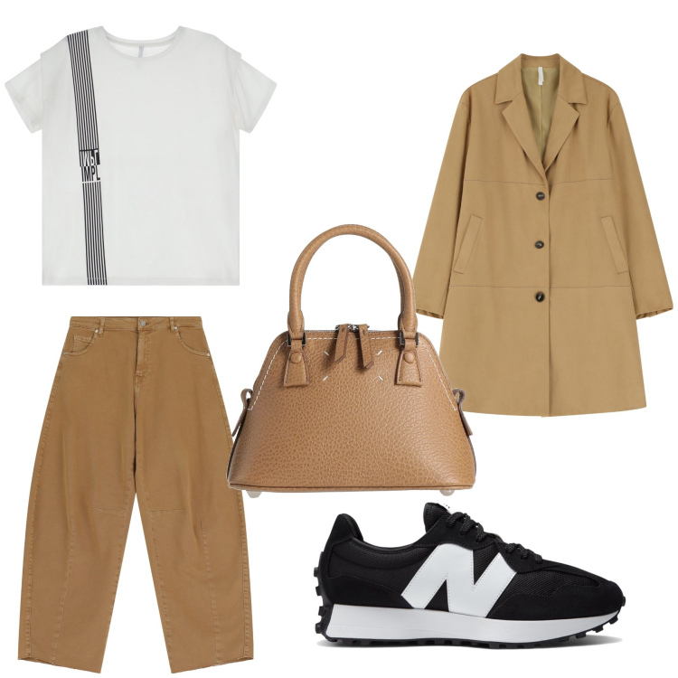 Outfit donna - Aperitivo. Stile Trendy per Tutti i giorni. Abbinamento con borse a mano, sneakers, cappotti, t-shirt, pantaloni.