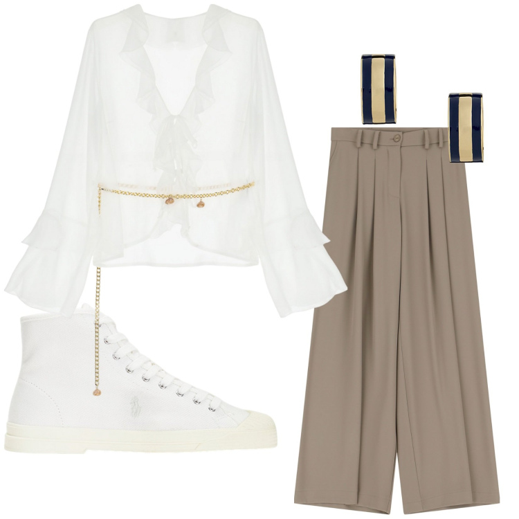 Outfit donna - Domenica pomeriggio. Stile Casual chic per Mare. Abbinamento con bluse, pantaloni, sneakers alte, orecchini.