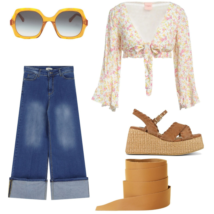 Outfit donna - Hippy. Stile Vintage retrò per Tutti i giorni. Abbinamento con top, occhiali da sole, cinture, jeans dritti, zeppe.