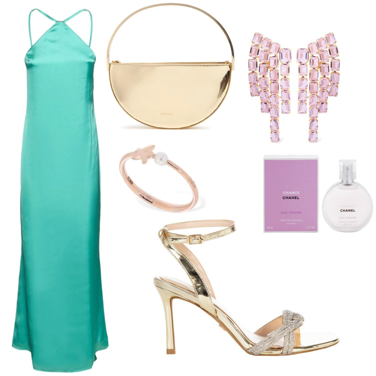 Outfit donna - Invitata ad un matrimonio. Stile Chic per Cerimonia. Abbinamento con profumi, sandali col tacco, vestiti, anelli, orecchini, pochette.