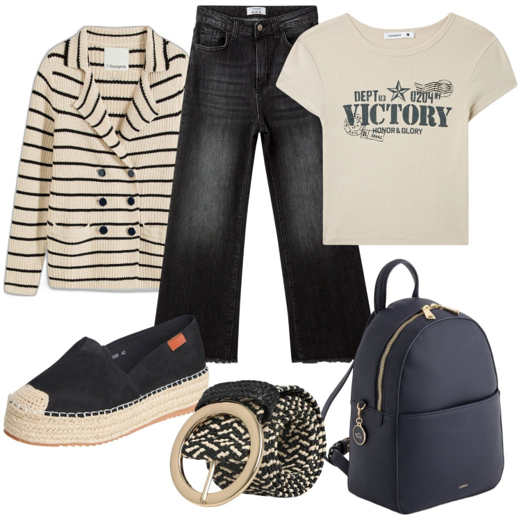 Outfit donna - Total look #2092222. Stile Basic per Tutti i giorni. Abbinamento con cardigans, t-shirt, jeans, espadrillas, cinture, zaini.