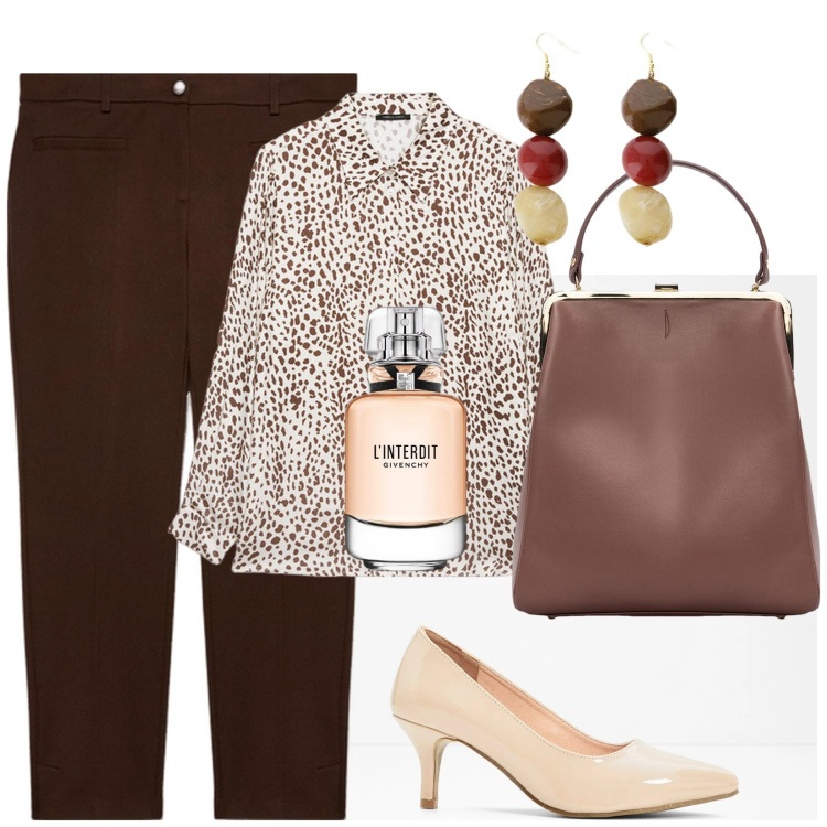 Outfit donna - Curvy casual chic. Stile Casual chic per Tutti i giorni. Abbinamento con décolleté, profumi, orecchini, borse a spalla, pantaloni skinny, camicie.