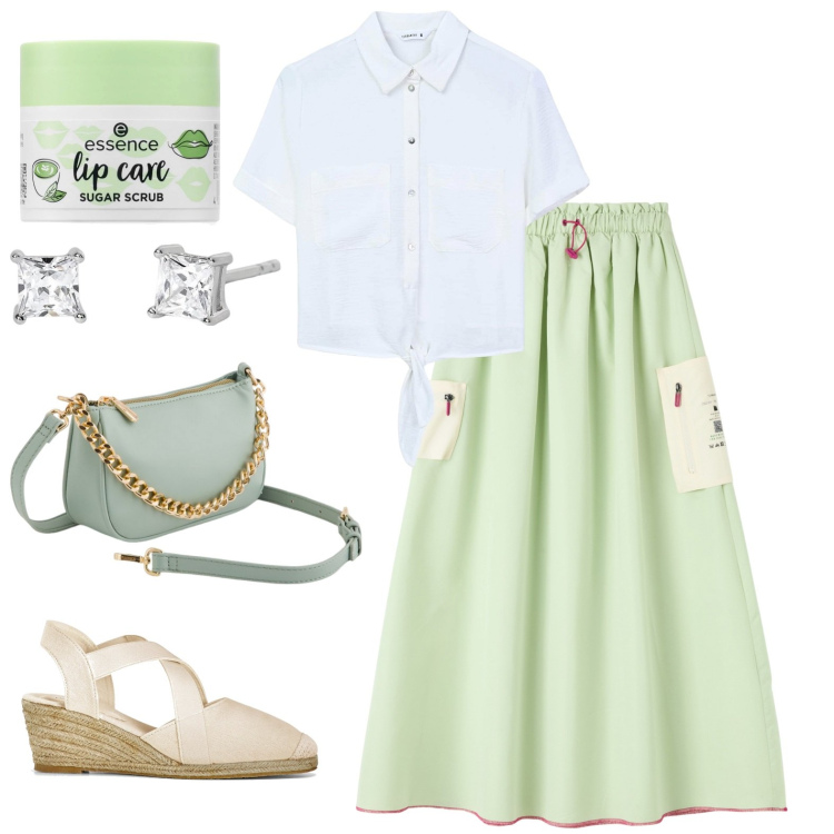 Outfit donna - Primavera. Stile Urban per Tutti i giorni. Abbinamento con sandali, matite labbra, gonne lunghe, camicie a manica corta, orecchini, borse a tracolla.