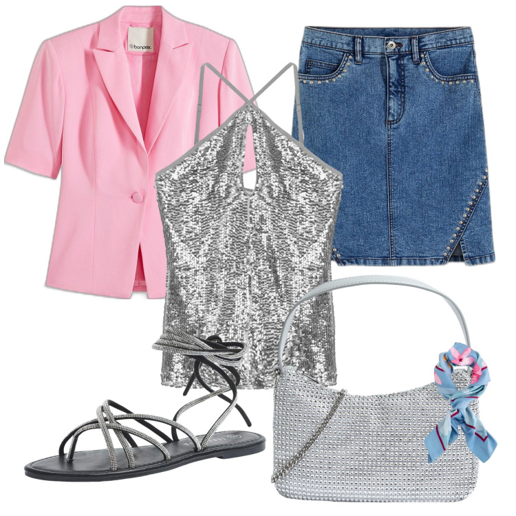 Outfit donna - Sporty chic. Stile Sporty chic per Tutti i giorni. Abbinamento con blazer, minigonne, sandali alla schiava, borse a tracolla, top, foulard.