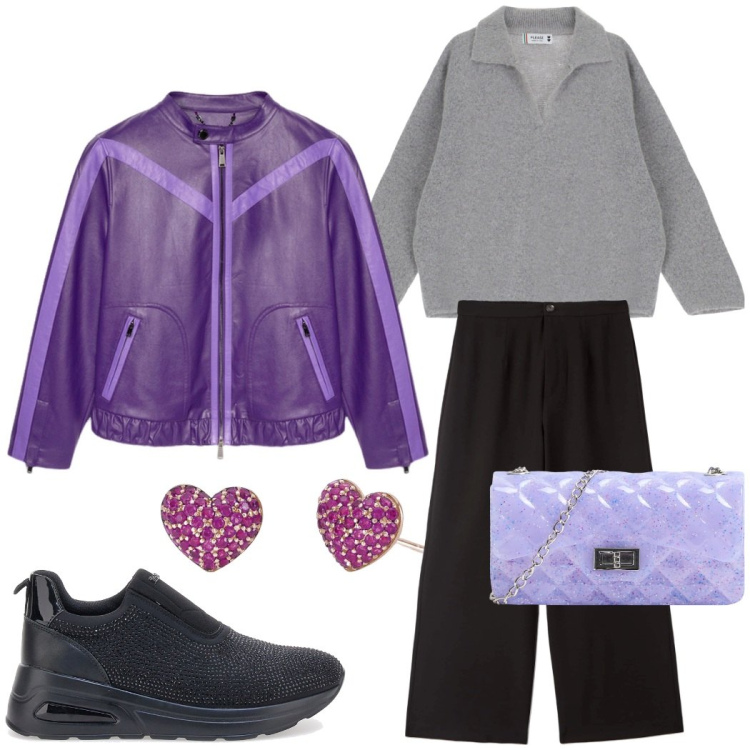 Outfit donna - Urban style casual chic. Stile Casual chic per Tutti i giorni. Abbinamento con borse a tracolla, pantaloni, orecchini, pullovers, sneakers, blazer.