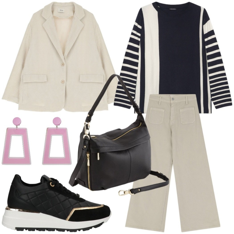 Outfit donna - Casual chic in ufficio. Stile Casual chic per Ufficio. Abbinamento con sneakers, orecchini, pantaloni, blazer, maglieria, borse a tracolla.