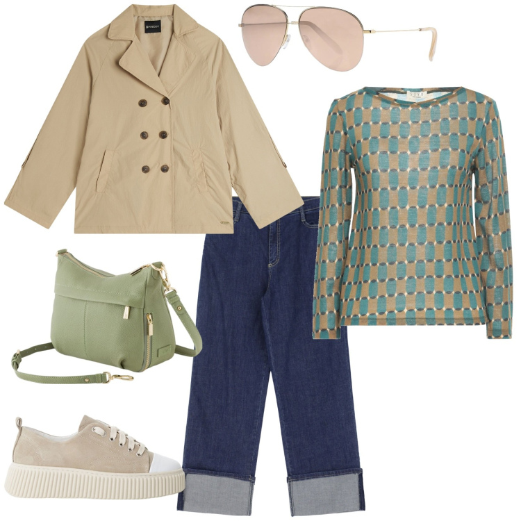 Outfit donna - Il trench corto per la città. Stile Casual per Tutti i giorni. Abbinamento con pullovers, occhiali da sole, jeans, sneakers, trench, borse a tracolla.