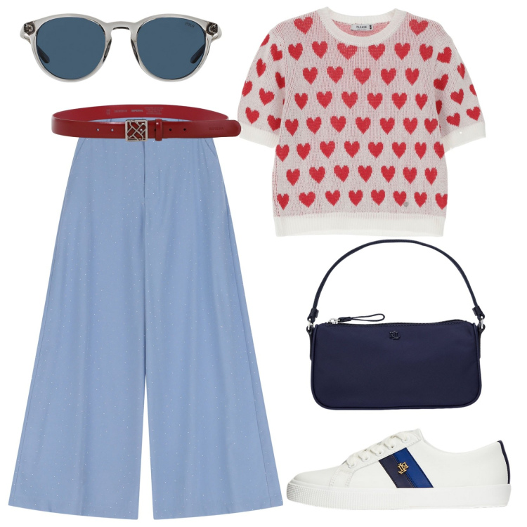 Outfit donna - Ispirata a Saint-Tropez. Stile Casual chic per Tutti i giorni. Abbinamento con pantaloni, maglieria, cinture, sneakers, occhiali da sole, pochette.