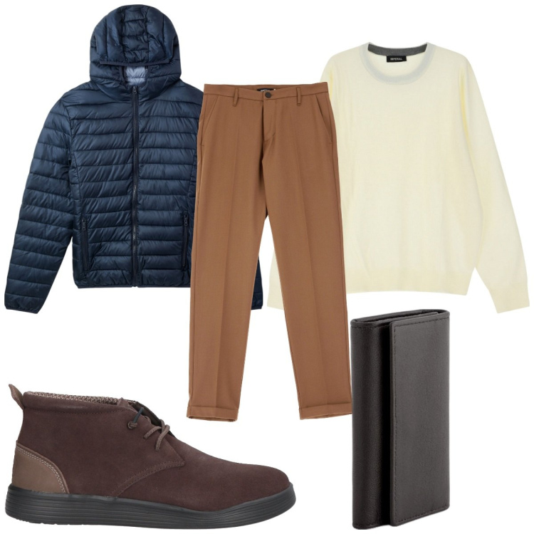 Outfit uomo - Total look #2092264. Stile Casual per Tutti i giorni. Abbinamento con stivali e stivaletti, piumini, maglieria, pantaloni chino, portamonete.