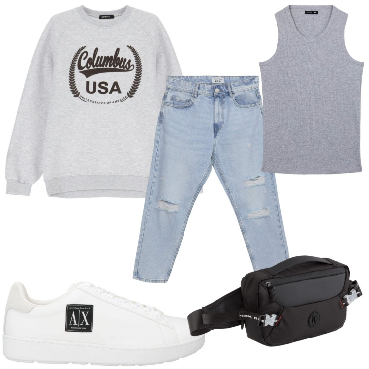Outfit uomo - Total look #2092272. Stile Trendy per Tutti i giorni. Abbinamento con sneakers, canottiere, jeans strappati, felpe, borse sportive.