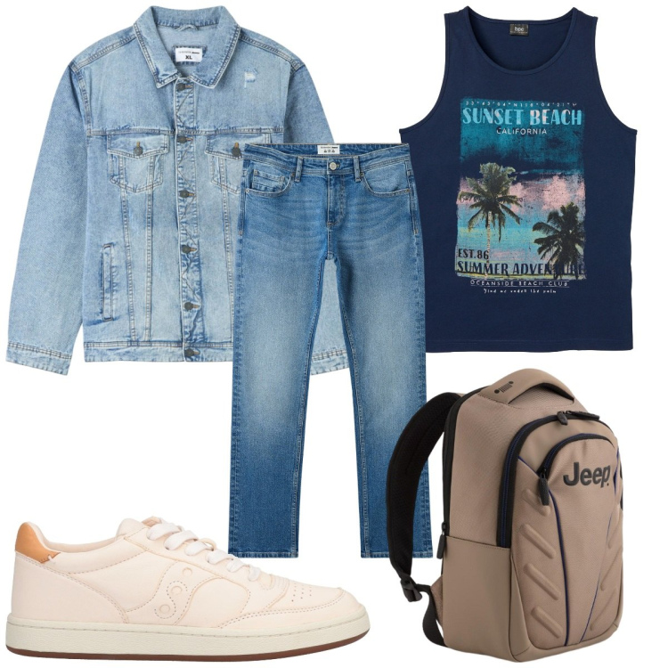 Outfit uomo - Total look #2092274. Stile Trendy per Tutti i giorni. Abbinamento con canottiere, sneakers, giacche, jeans, borse sportive.