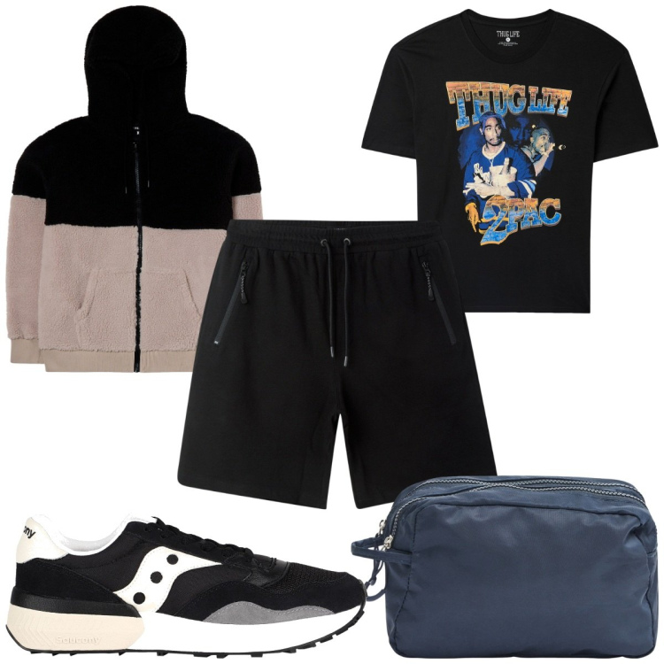 Outfit uomo - Total look #2092280. Stile Trendy per Sport. Abbinamento con sneakers, felpe con cappuccio, t-shirt, borse sportive, bermuda.