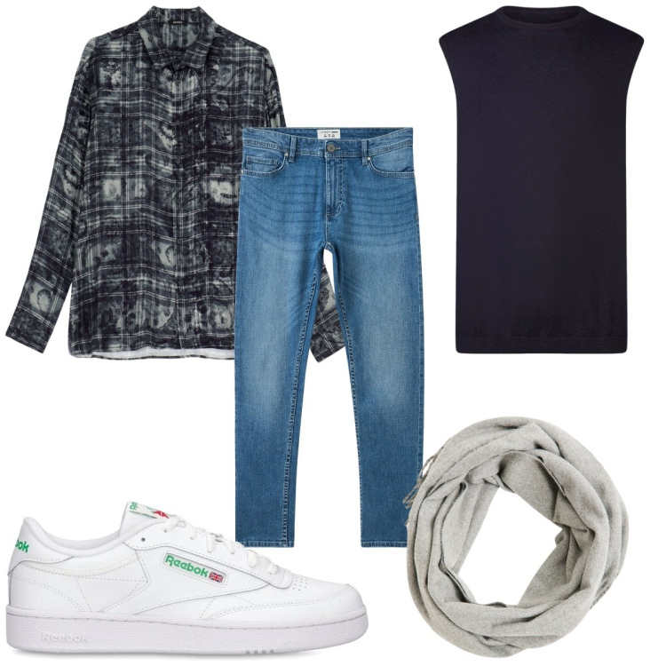 Outfit uomo - Total look #2092281. Stile Casual per Tutti i giorni. Abbinamento con jeans skinny, sciarpe, camicie, gilet, sneakers.