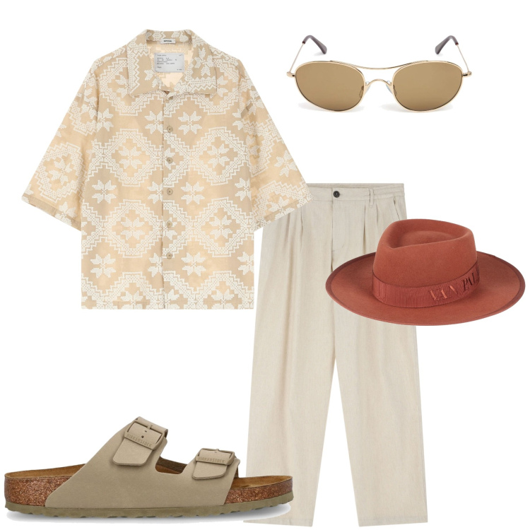 Outfit uomo - Stile boho. Stile Trendy per Serata speciale. Abbinamento con cappelli, pantaloni, camicie a manica corta, sandali, occhiali da sole.