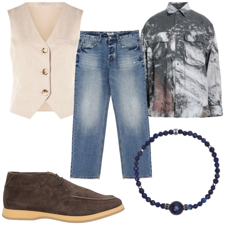 Outfit uomo - Una camicia bohémien. Stile Trendy per Tutti i giorni. Abbinamento con stivali e stivaletti, camicie, braccialetti, gilet, jeans.
