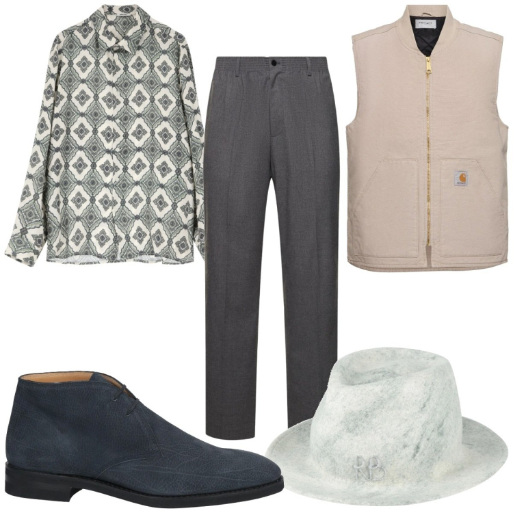 Outfit uomo - Bohémien tutti i giorni. Stile Trendy per Tutti i giorni. Abbinamento con cappelli, stivali e stivaletti, camicie, pantaloni, gilet.