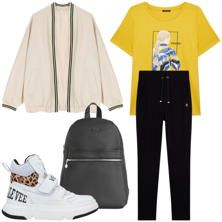 Outfit donna - Total look #2092289. Stile Sporty chic per Scuola/Università. Abbinamento con sneakers, bomber, zaini, pantaloni, t-shirt.