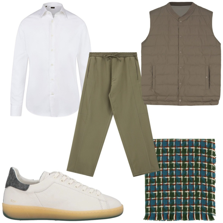 Outfit uomo - Accessori che fanno la differenza: sciar. Stile Trendy per Tutti i giorni. Abbinamento con sneakers, pantaloni cargo, sciarpe, camicie, gilet.