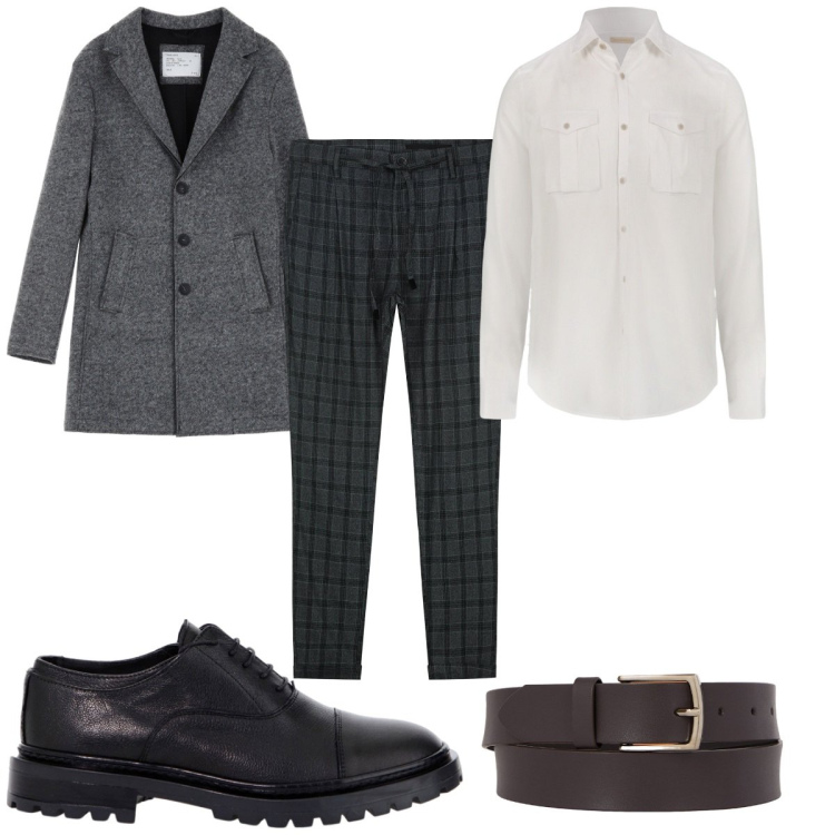 Outfit uomo - Total look #2092298. Stile Casual per Ufficio. Abbinamento con scarpe stringate, cappotti, camicie, cinture, pantaloni.