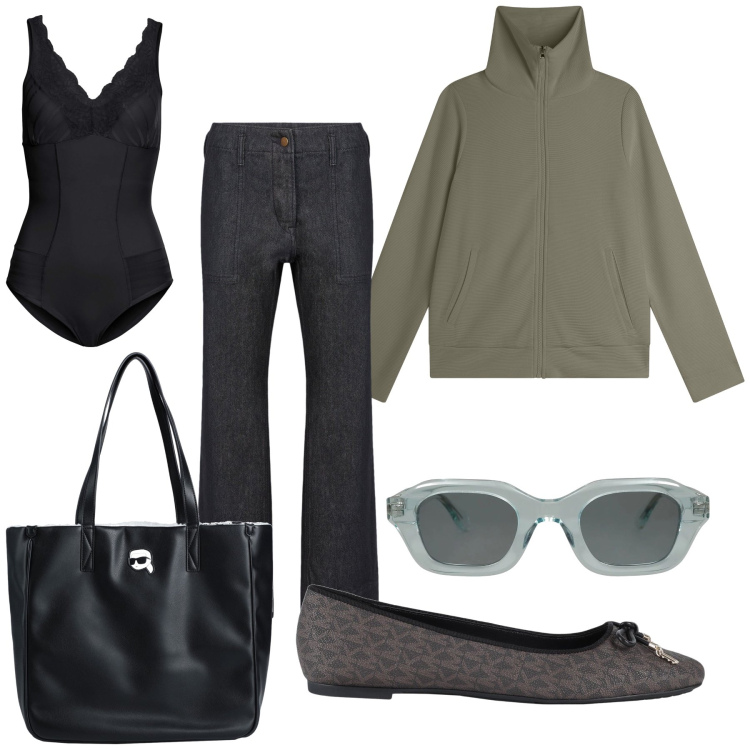 Outfit donna - Al bar. Stile Basic per Tutti i giorni. Abbinamento con body, occhiali da sole, borse a mano, ballerine, felpe, pantaloni.