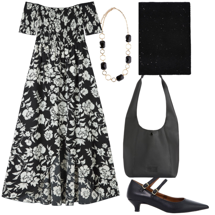 Outfit donna - Chic ma con sconti. Stile Glamour per Serata fuori. Abbinamento con vestiti lunghi, décolleté, borse a spalla, sciarpe, collane.