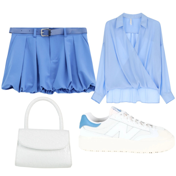 Outfit donna - Colori del mare. Stile Casual chic per Serata fuori. Abbinamento con sneakers, borse a mano, bluse, minigonne.
