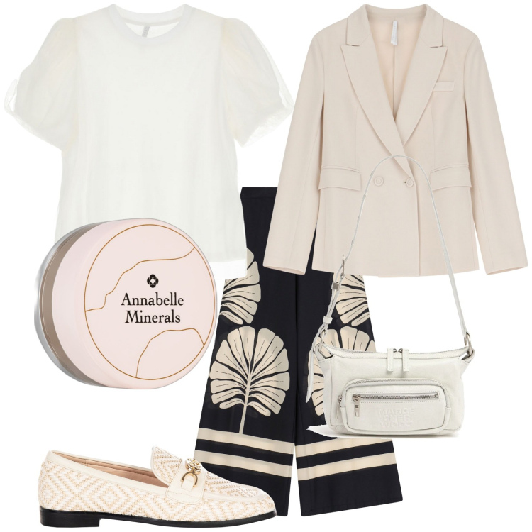 Outfit donna - Total look #2092307. Stile Casual chic per Tutti i giorni. Abbinamento con ombretti, mocassini, t-shirt, blazer, pantaloni a palazzo, borse a spalla.