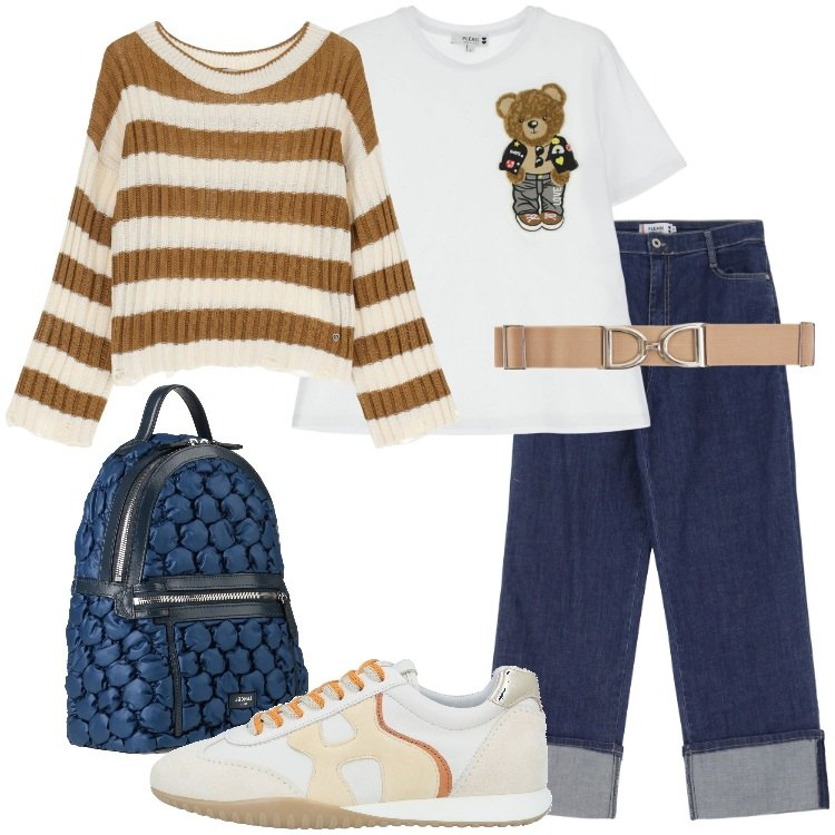 Outfit donna - Casual a scuola. Stile Casual per Scuola/Università. Abbinamento con sneakers, zaini, cinture, t-shirt, jeans, maglieria.