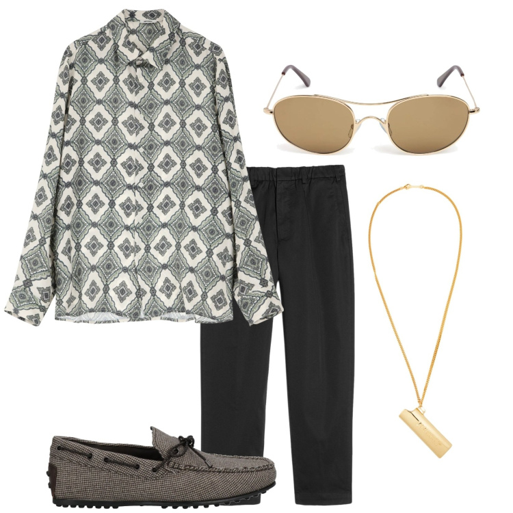 Outfit uomo - Total look #2092309. Stile Trendy per Tutti i giorni. Abbinamento con scarpe stringate, pantaloni, collane, camicie, occhiali da sole.
