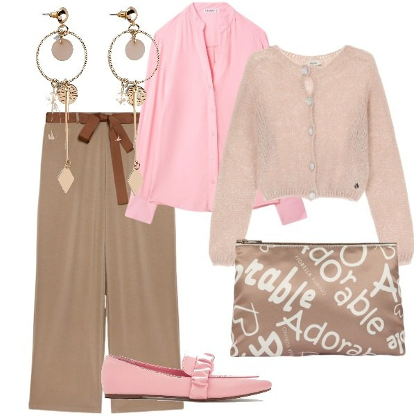 Outfit donna - Aspettando la primavera. Stile Trendy per Tutti i giorni. Abbinamento con orecchini, mocassini, camicie, cardigans, pantaloni, pochette.