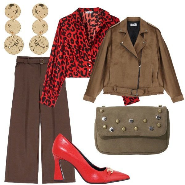 Outfit donna - Serata fuori. Stile Casual chic per Serata fuori. Abbinamento con bluse, décolleté, blazer, pantaloni, borse a tracolla, orecchini.