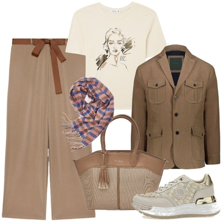 Outfit donna - Lo stile casual chic per la primavera. Stile Casual chic per Tutti i giorni. Abbinamento con t-shirt, sneakers, sciarpe, blazer, pantaloni, borse tote.
