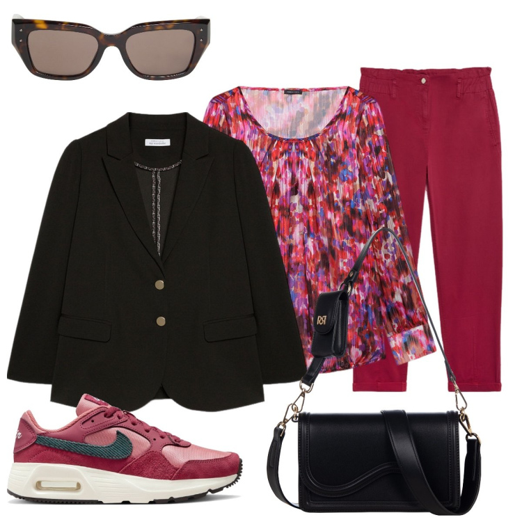 Outfit donna - Total look #2092331. Stile Bon Ton per Tutti i giorni. Abbinamento con occhiali da sole, pochette, sneakers, bluse, blazer, pantaloni.