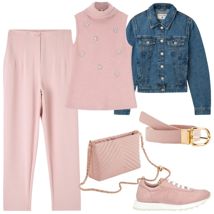 Outfit donna - Primavera in rosa. Stile Romantica per Tutti i giorni. Abbinamento con sneakers, pantaloni chino, blazer, maglieria, borse a tracolla, cinture.