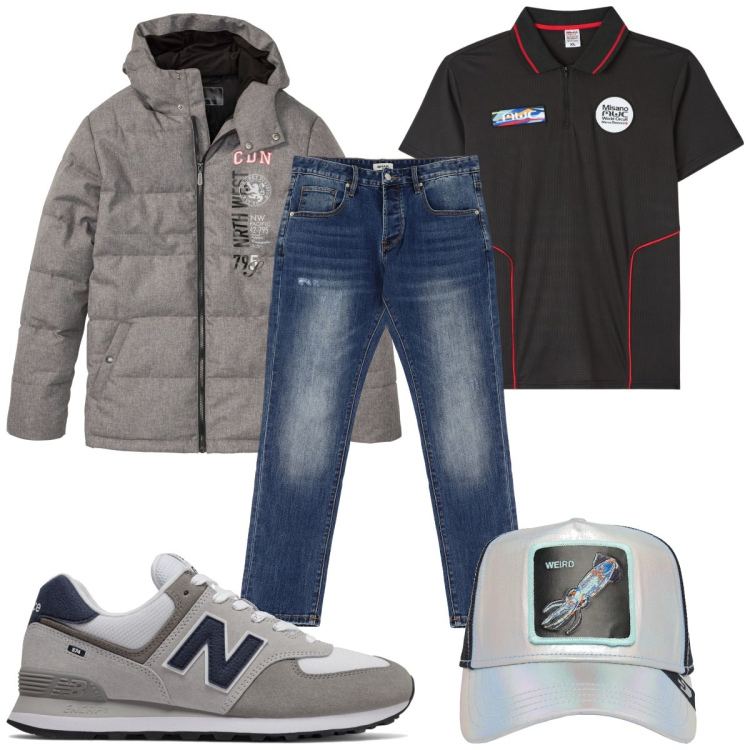 Outfit uomo - Total look #2092345. Stile Casual per Tutti i giorni. Abbinamento con giacche, polo, sneakers, jeans dritti, cappelli.