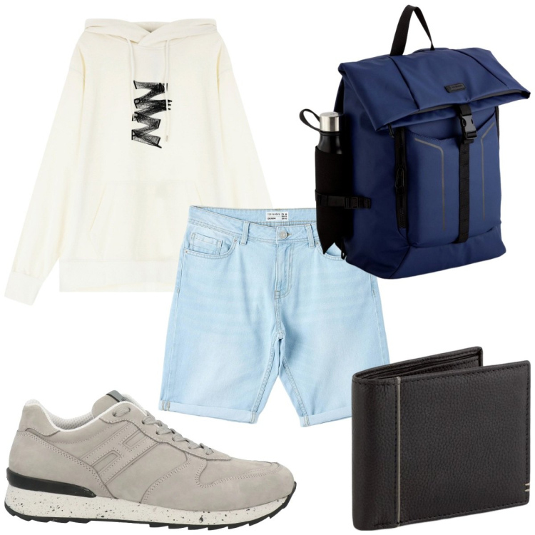 Outfit uomo - Total look #2092350. Stile Trendy per Tutti i giorni. Abbinamento con sneakers, bermuda, felpe con cappuccio, portafogli, borse sportive.