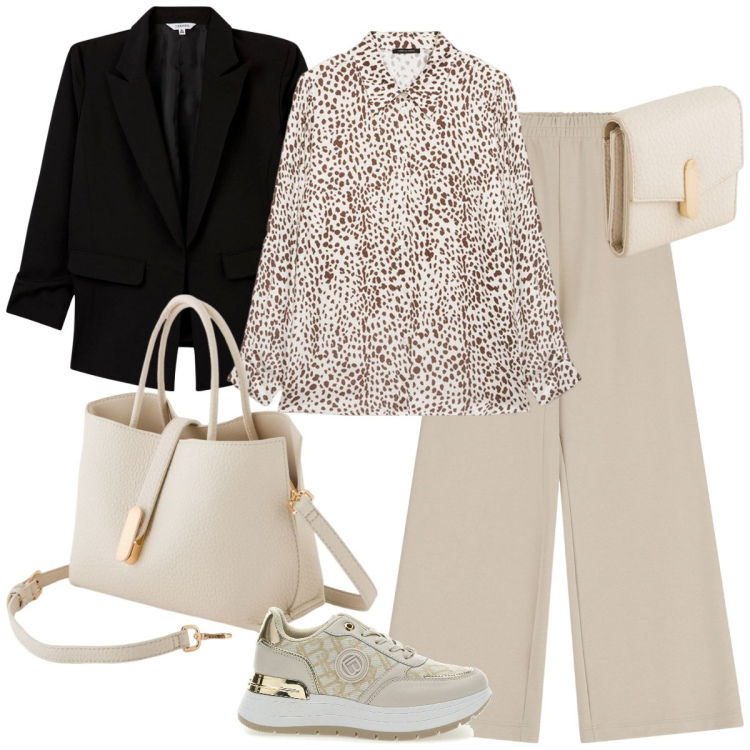Outfit donna - Casual-chich curvy. Stile Casual chic per Ufficio. Abbinamento con blazer, pantaloni, sneakers, camicie, borse a mano, portafogli.