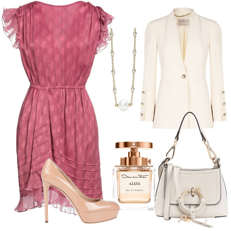 Outfit donna - Total look #2092354. Stile Romantica per Serata fuori. Abbinamento con vestiti corti, borse a tracolla, décolleté, profumi, collane, blazer.