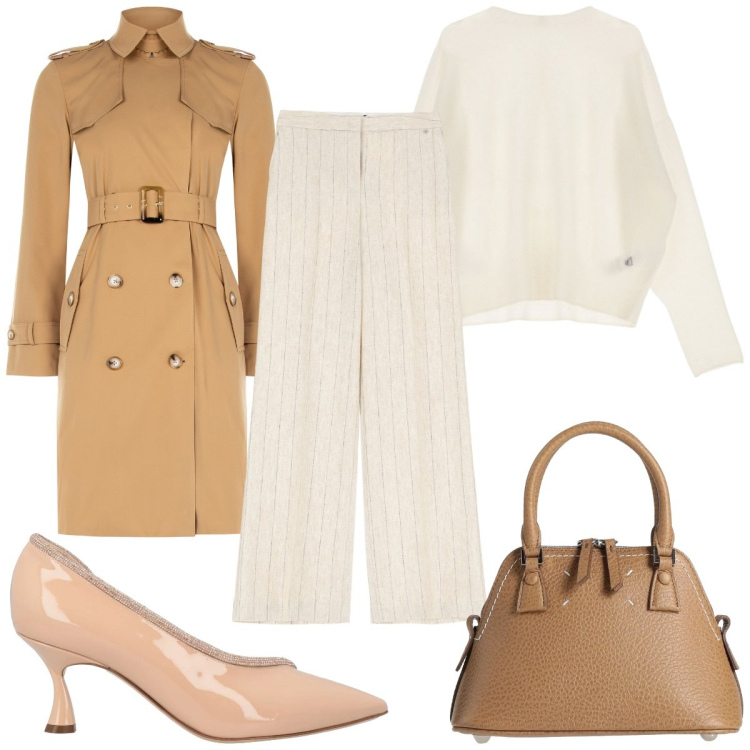 Outfit donna - Il trench versatile : trench chic. Stile Chic per Tutti i giorni. Abbinamento con décolleté, borse a mano, pullovers, trench, pantaloni a palazzo.